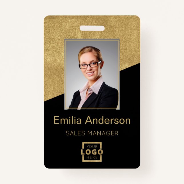 Custom Company Logo Bar Code Employee Photo Gold ID Badge (Front)