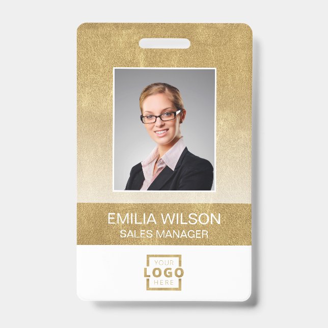 Custom Company Logo Bar Code Employee Photo Gold ID Badge (Front)