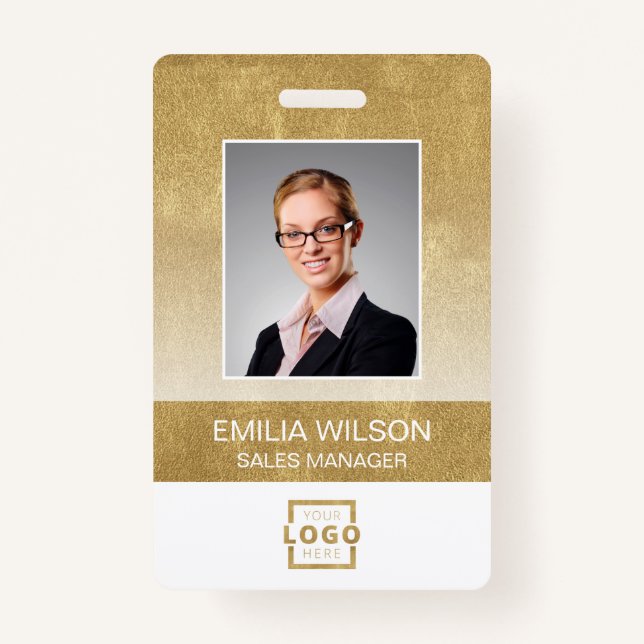 Custom Company Logo Bar Code Employee Photo Gold ID Badge (Front)