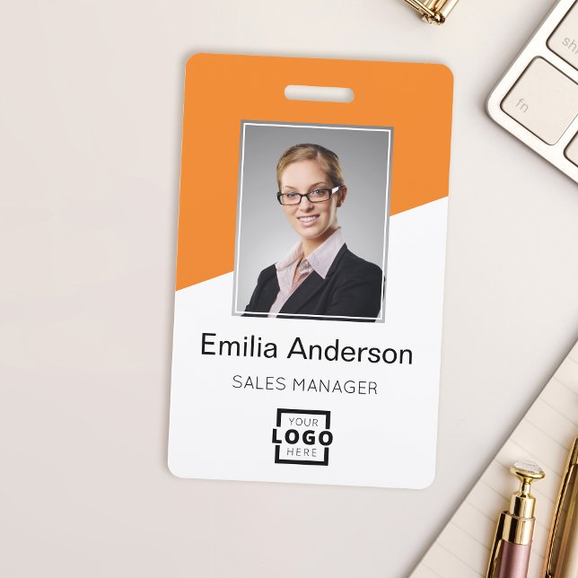 Custom Company Logo Bar Code Employee Photo Orange ID Badge (Creator Uploaded)