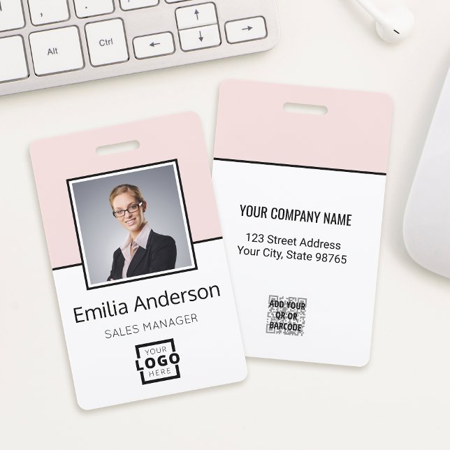Custom Company Logo Bar Code Employee Photo Pink ID Badge (Creator Uploaded)