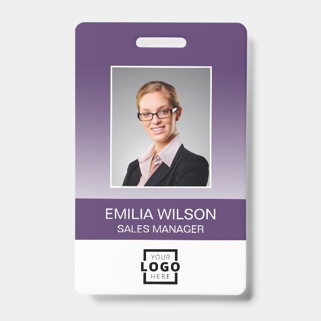 Custom Company Logo Bar Code Employee Photo Purple ID Badge (Front)