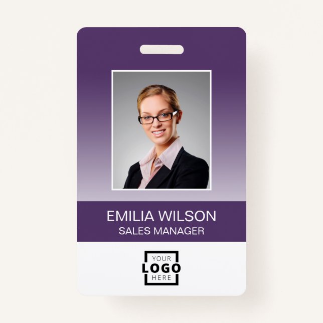 Custom Company Logo Bar Code Employee Photo Purple ID Badge (Front)