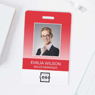 Custom Company Logo Bar Code Employee Photo Red ID Badge