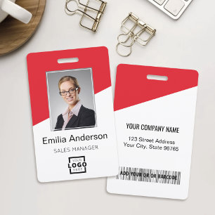 Custom Company Logo Bar Code Employee Photo Red ID Badge