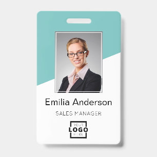 Custom Company Logo Bar Code Employee Photo Teal ID Badge