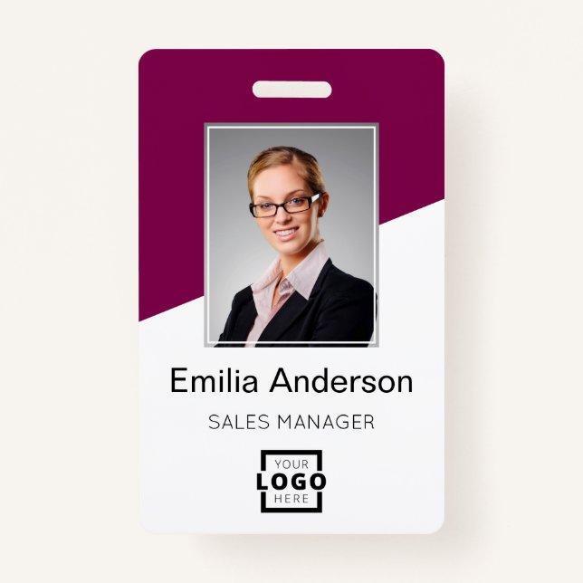 Custom Company Logo Employee Photo Berry Red ID Badge (Front)