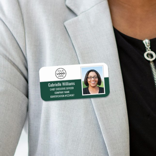 Custom Company Logo Employee Photo Green Magnetic Name Tag (Creator Uploaded)