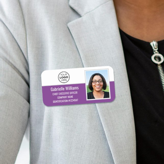 Custom Company Logo Employee Photo Purple Magnetic Name Tag (Creator Uploaded)
