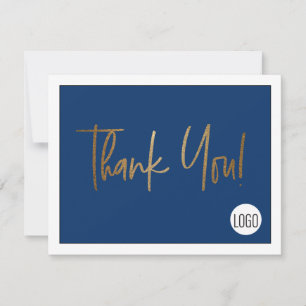 Custom Company Logo Social Faux Gold Blue Thank You Card