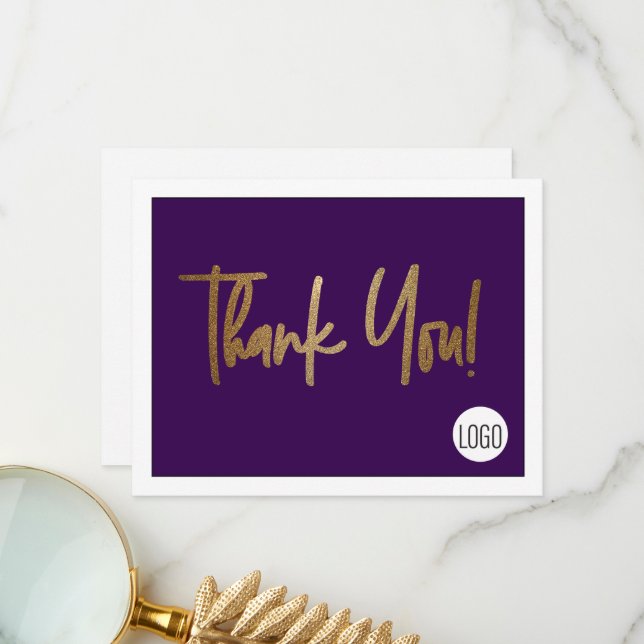 Custom Company Logo Social Faux Gold Purple Thank You Card (Front/Back In Situ)