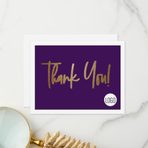 Custom Company Logo Social Faux Gold Purple Thank You Card