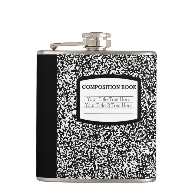 Custom Composition Book Black/White School/Teacher Hip Flask (Front)