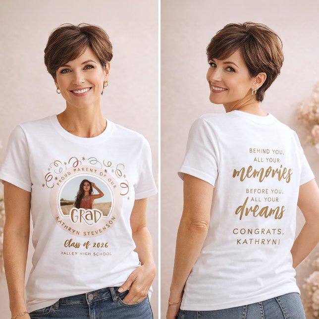 Custom Confetti Photo Proud Parent Class of 2026 T-Shirt (View of front + back designs)