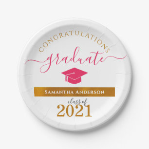 Custom Congrats Graduate Hot Pink/Gold Party Paper Plate