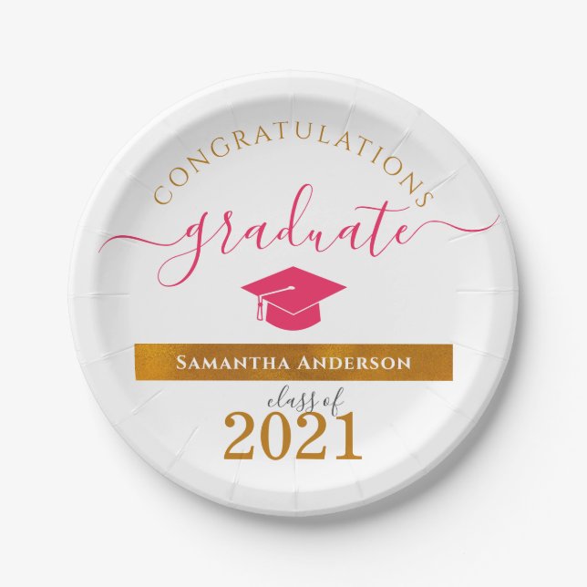 Custom Congrats Graduate Hot Pink/Gold Party Paper Plate (Front)