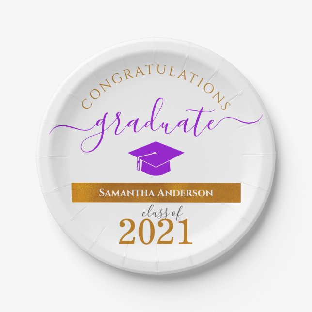 Custom Congrats Graduate Purple/Gold Party Paper Plate (Front)