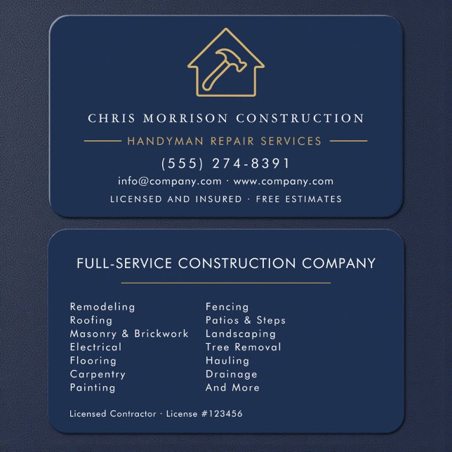 Custom Construction & Handyman Navy Blue Gold Business Card (Creator Uploaded)