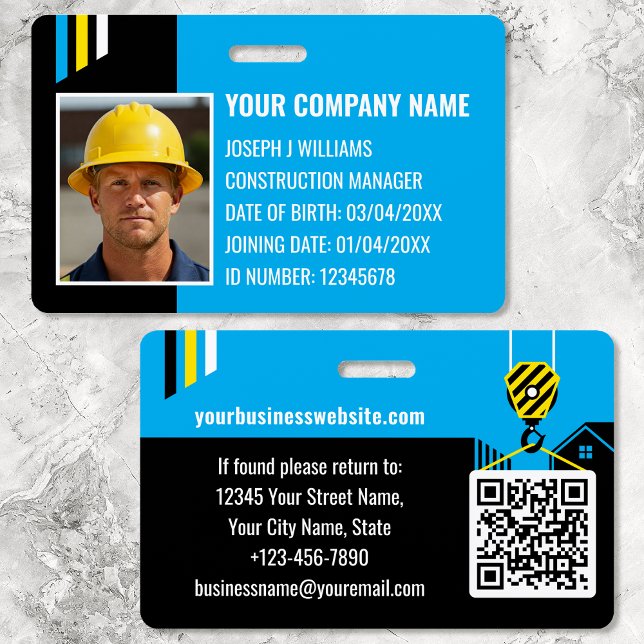 Custom Construction ID Work QR Code Blue Black ID Badge (Creator Uploaded)