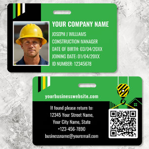 Custom Construction ID Work QR Code Green Black ID Badge