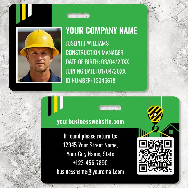 Custom Construction ID Work QR Code Green Black ID Badge (Creator Uploaded)