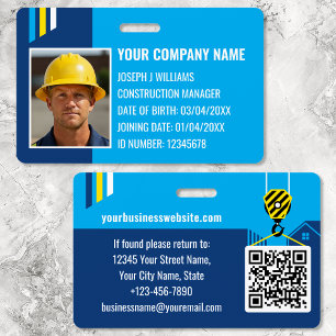 Custom Construction ID Work QR Code Navy Blue Badge