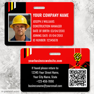 Custom Construction ID Work QR Code Red Black Badge