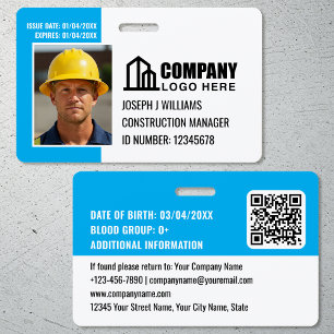 Custom Construction Site ID Logo QR Code Blue ID Badge
