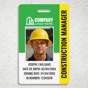 Custom Construction Site ID Logo QR Code Green ID Badge