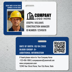 Custom Construction Site ID Logo QR Code Navy Blue ID Badge
