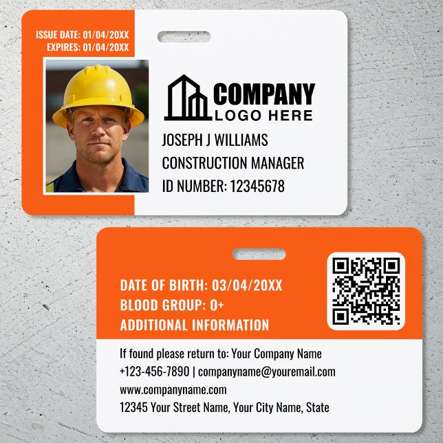 Custom Construction Site ID Logo QR Code Orange ID Badge (Creator Uploaded)