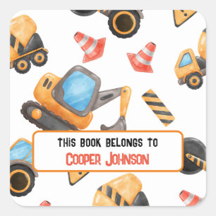 Custom construction theme name bookplate square sticker