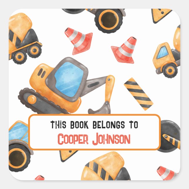 Custom construction theme name bookplate square sticker (Front)
