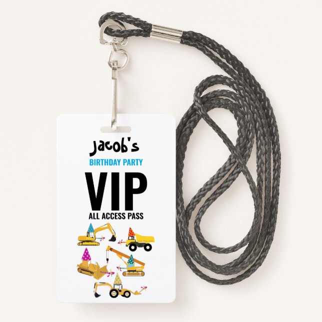 Custom Construction Trucks Birthday Party Pass  ID Badge (Front with Lanyard)
