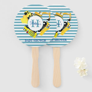 Custom Construction Trucks Blue Stripe Baby Shower Hand Fan