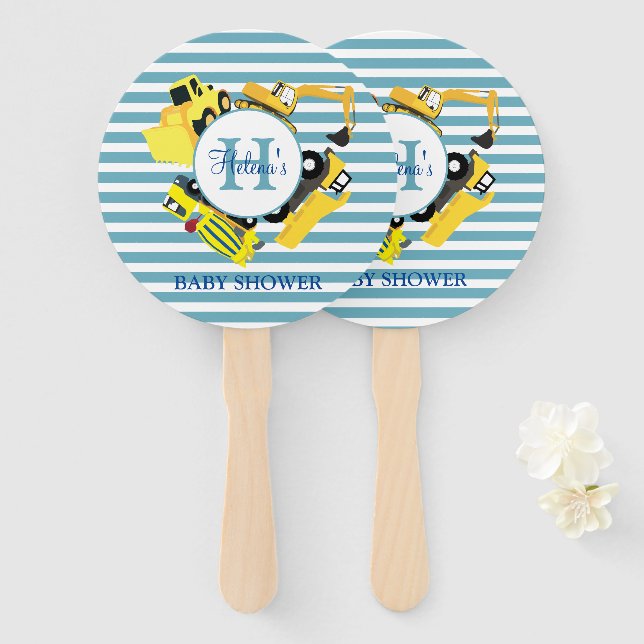 Custom Construction Trucks Blue Stripe Baby Shower Hand Fan (Front and Back)