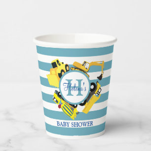 Custom Construction Trucks Blue Stripe Baby Shower Paper Cups
