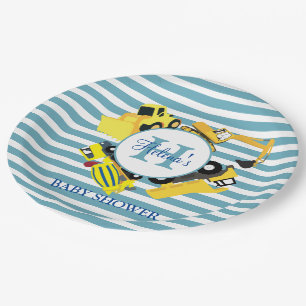 Custom Construction Trucks Blue Stripe Baby Shower Paper Plate