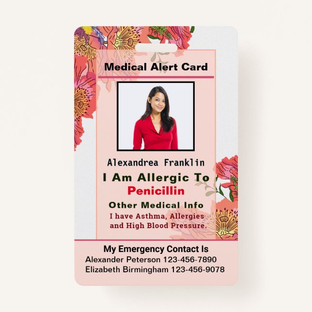 Custom Contact Card Medical Alert Emergency  ID Badge (Front)