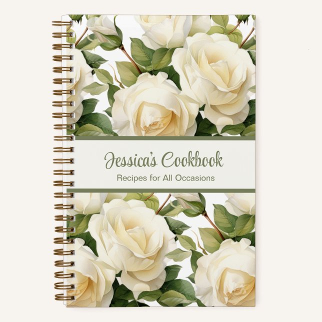 Custom Cookbook White Roses Recipes Notebook (Front)