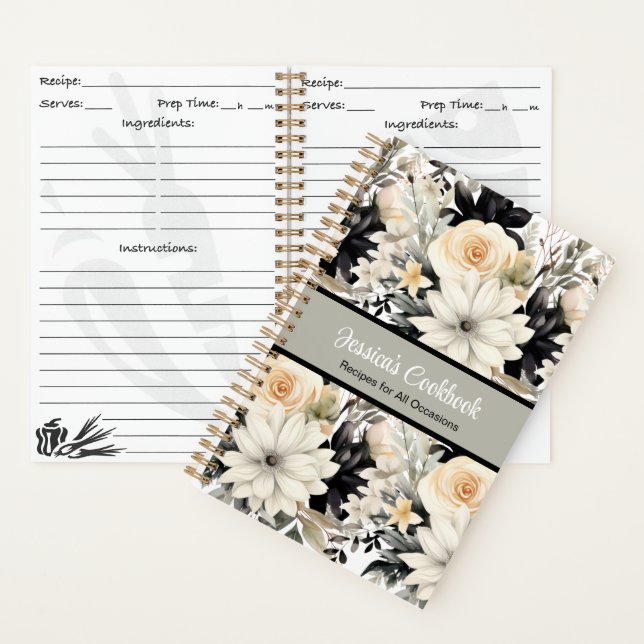 Custom Cookbook with B&W Flowers Notebook (Inside)