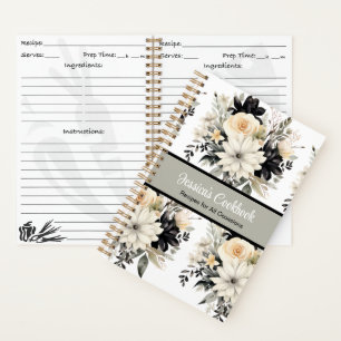 Custom Cookbook with B&W Flowers Notebook