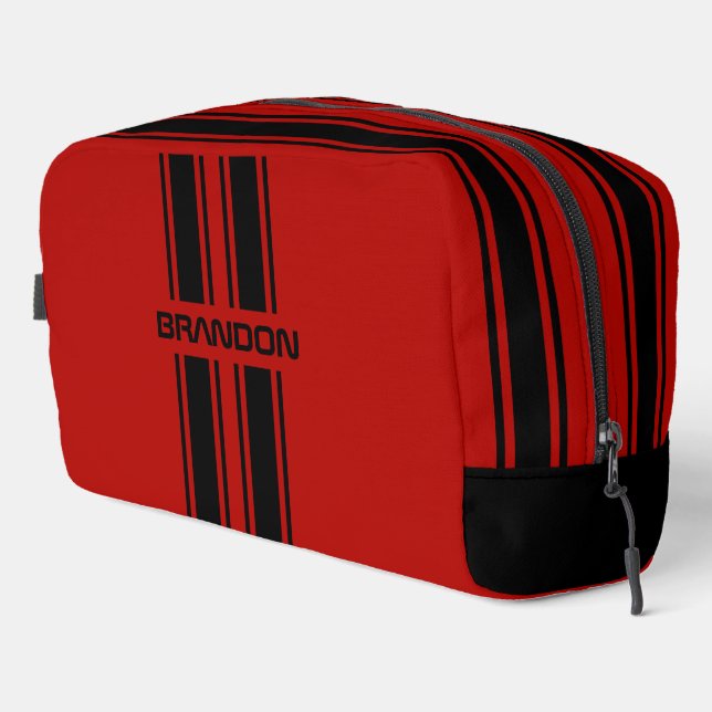 Custom Cool Black And Red Auto Race Sport Stripe Dopp Kit (Right Corner)