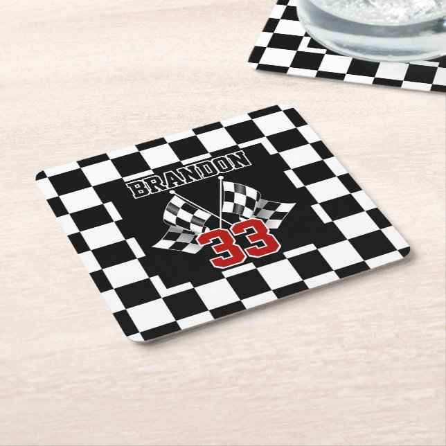 Custom Cool Black And White Chequered Flag Pattern Square Paper Coaster (Angled)