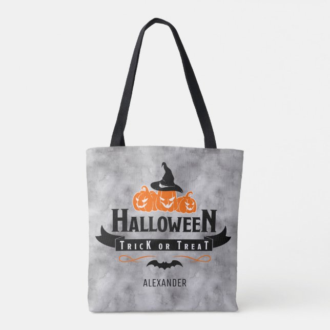 Custom Cool Black Halloween Trick or Treat Pumpkin Tote Bag (Back)
