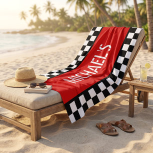 Custom Cool Black White Chequered Flag On Red Beach Towel