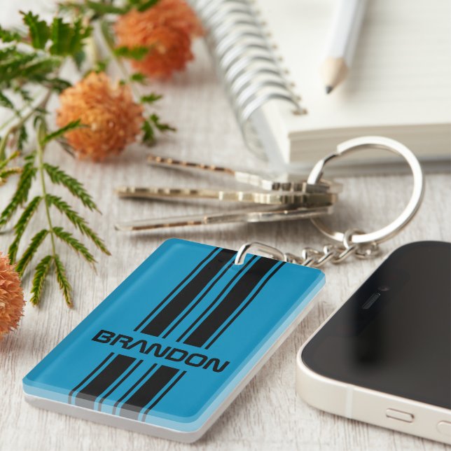 Custom Cool Blue And Black Auto Race Sport Stripes Key Ring (Front Right)