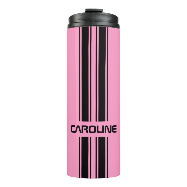 Custom Cool Cute Pink Black Auto Race Sport Stripe Thermal Tumbler (Front)
