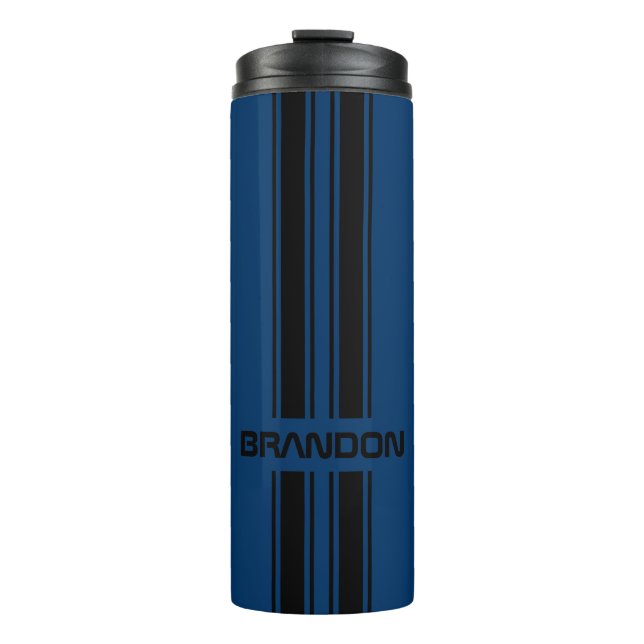 Custom Cool Dark Blue Black Auto Race Sport Stripe Thermal Tumbler (Front)