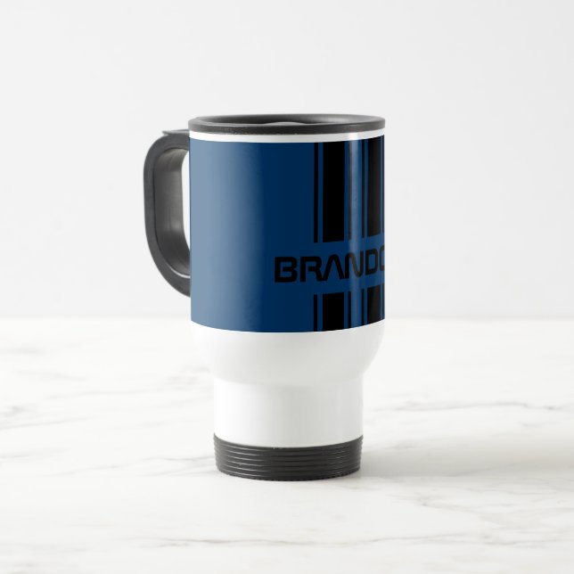 Custom Cool Dark Blue Black Auto Race Sport Stripe Travel Mug (Front Left)